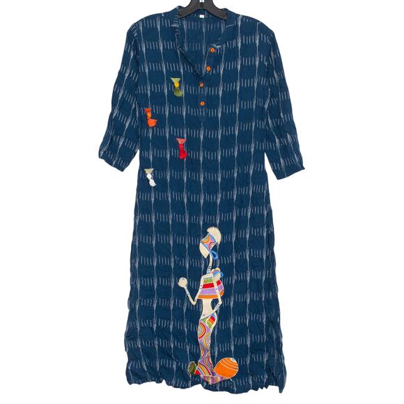 Dress Embroidered Boho Artsy Folk Whimsical Cottage Ethnic Slits Blue Large 40 - Picture 1 of 5